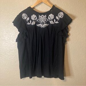 Knox Rose Top Short Flutter Sleeve Embroidered Floral Boho Black White XXL